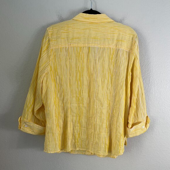 Foxcroft Womens 16 Fitted Yellow Gingham Crinkled Button Up Shirt 3/4 Sleeve - Picture 9 of 10